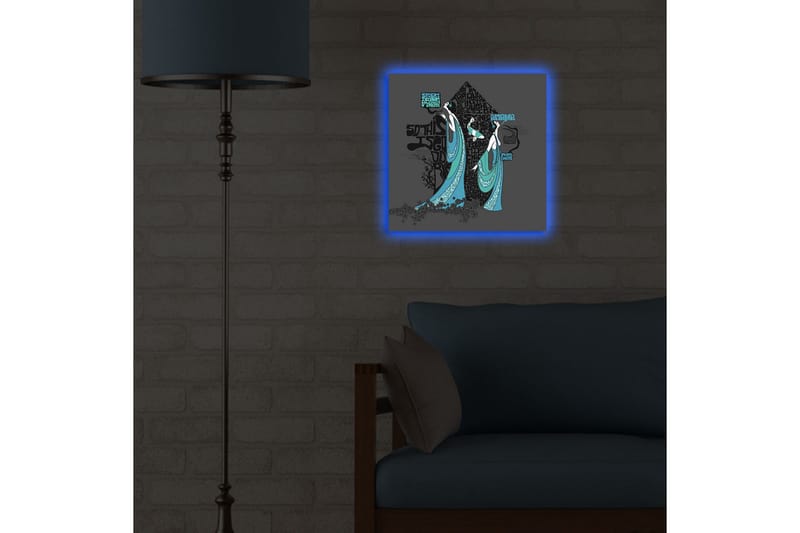 Lerretsbilde med LED-belysning 40x40 cm - Abstrakt komposisjon med to stiliserte figurer i flagrende klær - Svart / Turkis / Hvit - Innredning - Bilder & kunst - Lerretsbilder