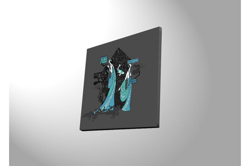 Lerretsbilde med LED-belysning 40x40 cm - Abstrakt komposisjon med to stiliserte figurer i flagrende klær - Svart / Turkis / Hvit - Innredning - Bilder & kunst - Lerretsbilder