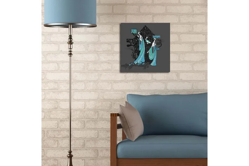 Lerretsbilde med LED-belysning 40x40 cm - Abstrakt komposisjon med to stiliserte figurer i flagrende klær - Svart / Turkis / Hvit - Innredning - Bilder & kunst - Lerretsbilder