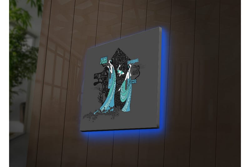 Lerretsbilde med LED-belysning 40x40 cm - Abstrakt komposisjon med to stiliserte figurer i flagrende klær - Svart / Turkis / Hvit - Innredning - Bilder & kunst - Lerretsbilder