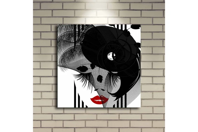 Lerretsbilde med LED-belysning 40x40 cm - Abstrakt portrett med en elegant kvinne og svarte detaljer - Svart / Rød / Hvit - Innredning - Bilder & kunst - Lerretsbilder