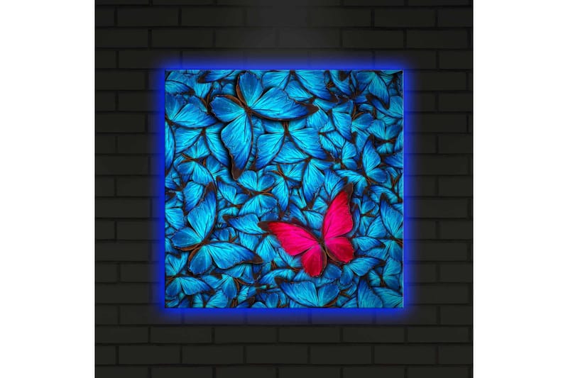Lerretsbilde med LED-belysning 40x40 cm - Blå opplyste sommerfugler i bakgrunnen med en rosa sommerfugl - Blå / Rosa / Svart - Innredning - Bilder & kunst - Lerretsbilder