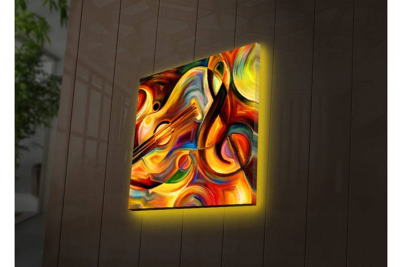 Lerretsbilde med LED-belysning 40x40 cm - Fargerik komposisjon med musikkinstrumenter og abstrakte former - Rød / Gul / Oransje - Innredning - Bilder & kunst - Lerretsbilder