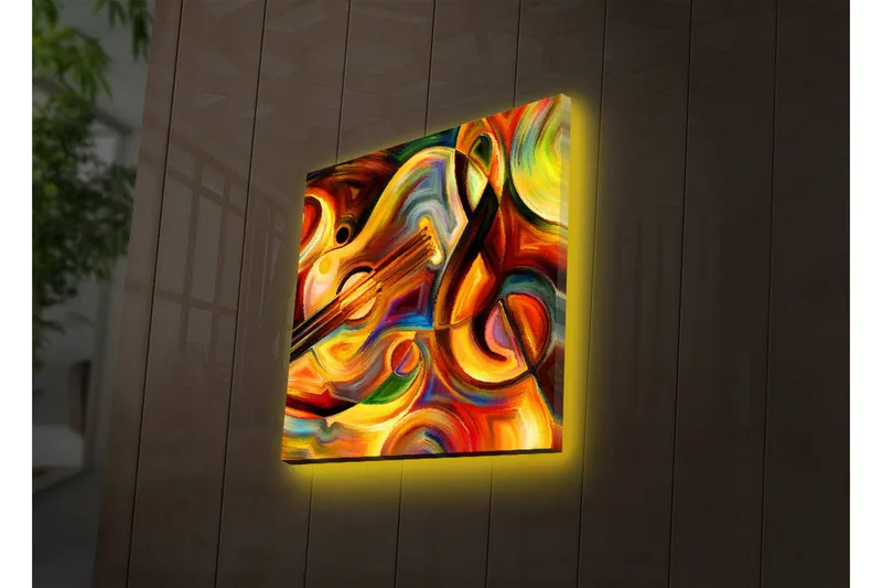 Lerretsbilde med LED-belysning 40x40 cm - Fargerik komposisjon med musikkinstrumenter og abstrakte former - Rød / Gul / Oransje - Innredning - Bilder & kunst - Lerretsbilder