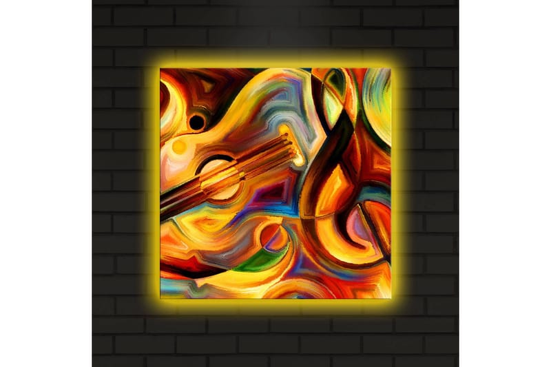 Lerretsbilde med LED-belysning 40x40 cm - Fargerik komposisjon med musikkinstrumenter og abstrakte former - Rød / Gul / Oransje - Innredning - Bilder & kunst - Lerretsbilder