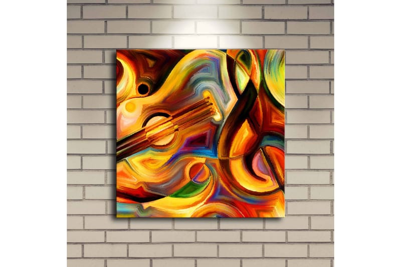 Lerretsbilde med LED-belysning 40x40 cm - Fargerik komposisjon med musikkinstrumenter og abstrakte former - Rød / Gul / Oransje - Innredning - Bilder & kunst - Lerretsbilder
