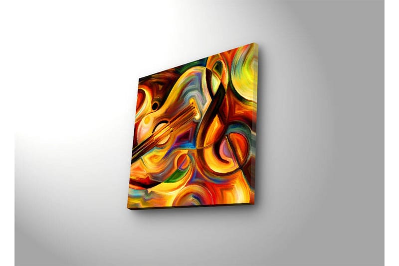 Lerretsbilde med LED-belysning 40x40 cm - Fargerik komposisjon med musikkinstrumenter og abstrakte former - Rød / Gul / Oransje - Innredning - Bilder & kunst - Lerretsbilder