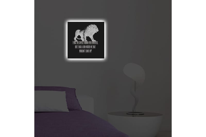 Lerretsbilde med LED-belysning 40x40 cm - Hvit løvefigur mot svart bakgrunn med inspirerende tekst - Hvit / Svart - Innredning - Bilder & kunst - Lerretsbilder