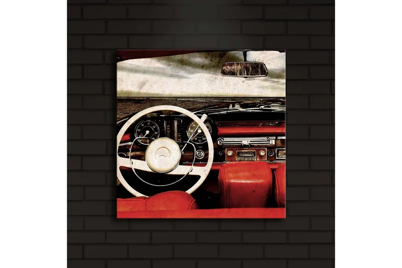 Lerretsbilde med LED-belysning 40x40 cm - Interiør i en klassisk bil med fokus på rattet og setene - Rød / Hvit / Svart - Innredning - Bilder & kunst - Lerretsbilder