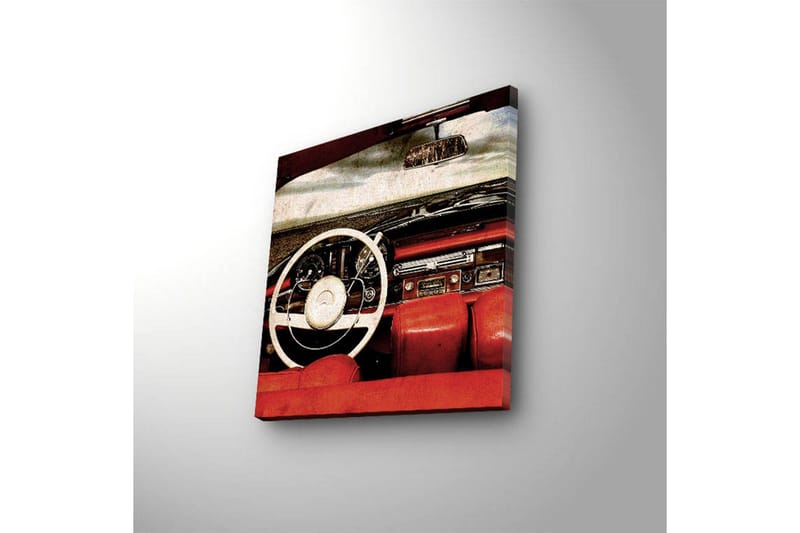 Lerretsbilde med LED-belysning 40x40 cm - Interiør i en klassisk bil med fokus på rattet og setene - Rød / Hvit / Svart - Innredning - Bilder & kunst - Lerretsbilder
