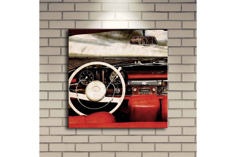 Lerretsbilde med LED-belysning 40x40 cm - Interiør i en klassisk bil med fokus på rattet og setene - Rød / Hvit / Svart - Innredning - Bilder & kunst - Lerretsbilder