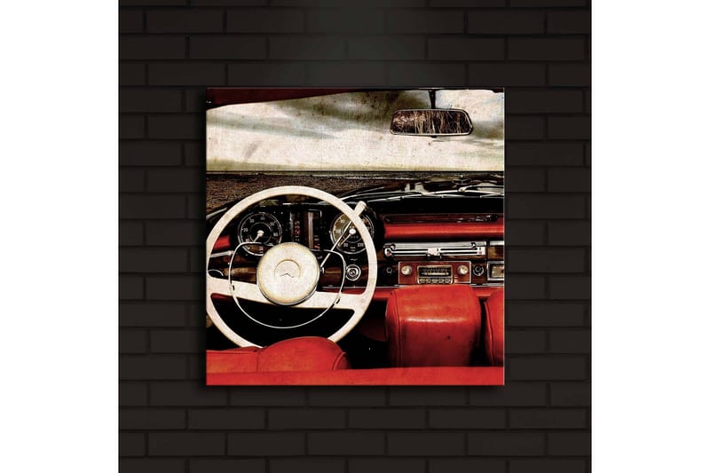 Lerretsbilde med LED-belysning 40x40 cm - Interiør i en klassisk bil med fokus på rattet og setene - Rød / Hvit / Svart - Innredning - Bilder & kunst - Lerretsbilder