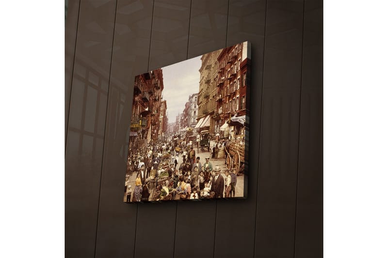 Lerretsbilde med LED-belysning 40x40 cm - Livlig gate med folk og markedsboder - Brun / Beige / Grønn - Innredning - Bilder & kunst - Lerretsbilder