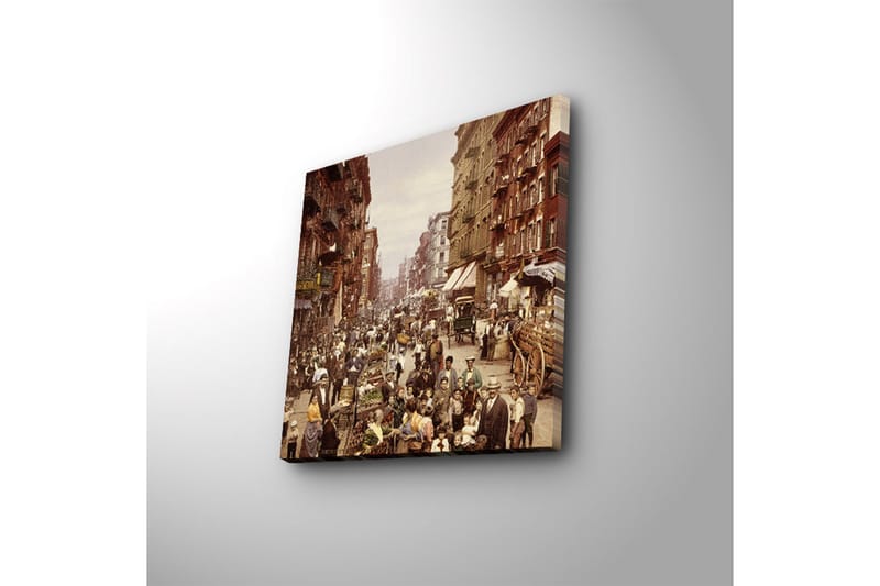 Lerretsbilde med LED-belysning 40x40 cm - Livlig gate med folk og markedsboder - Brun / Beige / Grønn - Innredning - Bilder & kunst - Lerretsbilder