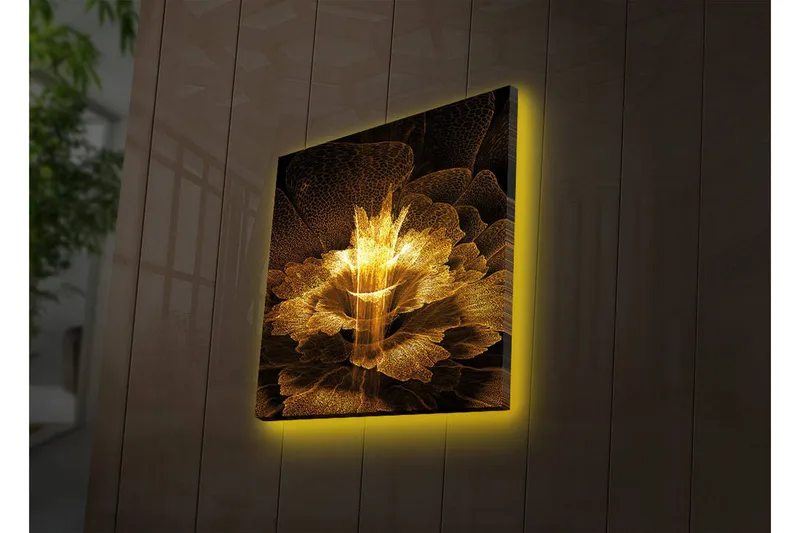Lerretsbilde med LED-belysning 40x40 cm - Lysende blomst i abstrakt stil, Gull / Svart / Brun