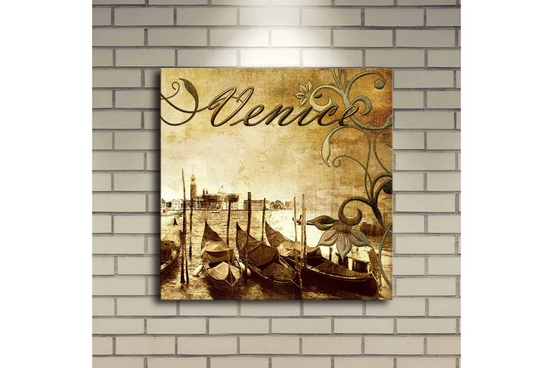 Lerretsbilde med LED-belysning 40x40 cm - Nostalgisk utsikt over venetianske gondoler på en kanal - Brun / Beige / Grønn - Innredning - Bilder & kunst - Lerretsbilder