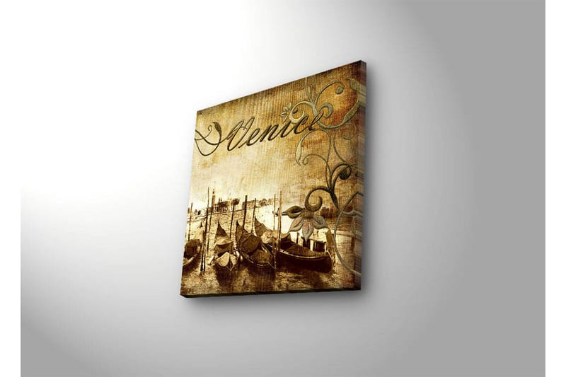 Lerretsbilde med LED-belysning 40x40 cm - Nostalgisk utsikt over venetianske gondoler på en kanal - Brun / Beige / Grønn - Innredning - Bilder & kunst - Lerretsbilder