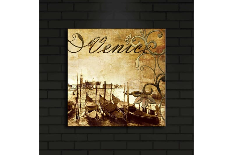Lerretsbilde med LED-belysning 40x40 cm - Nostalgisk utsikt over venetianske gondoler på en kanal - Brun / Beige / Grønn - Innredning - Bilder & kunst - Lerretsbilder