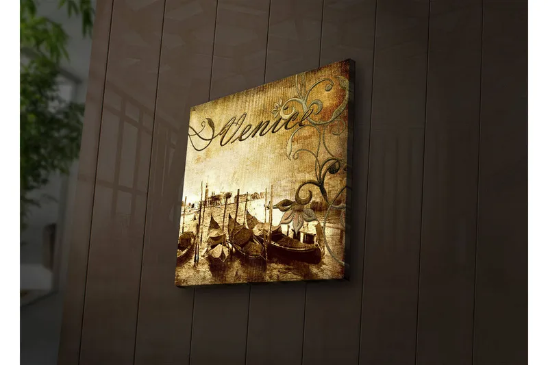 Lerretsbilde med LED-belysning 40x40 cm - Nostalgisk utsikt over venetianske gondoler på en kanal - Brun / Beige / Grønn - Innredning - Bilder & kunst - Lerretsbilder