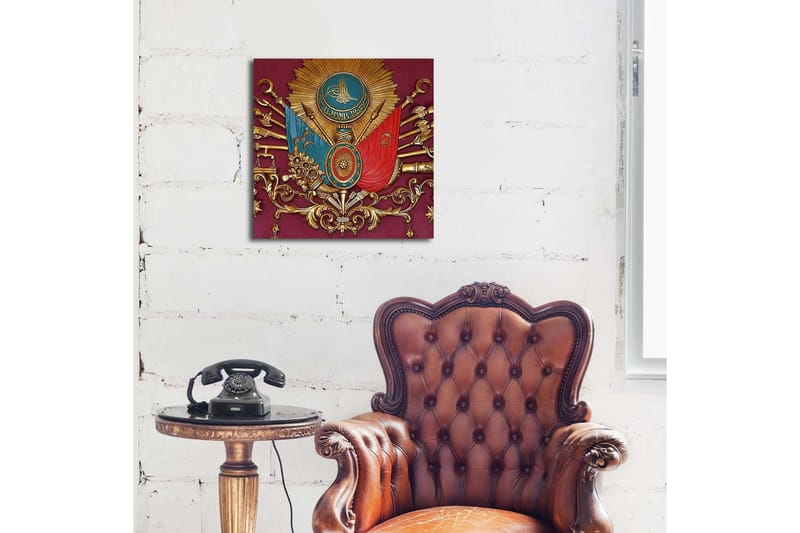 Lerretsbilde med LED-belysning 40x40 cm - Ornamentert skjold med symboler og våpen i historisk stil - Rød / Gull / Blå - Innredning - Bilder & kunst - Lerretsbilder