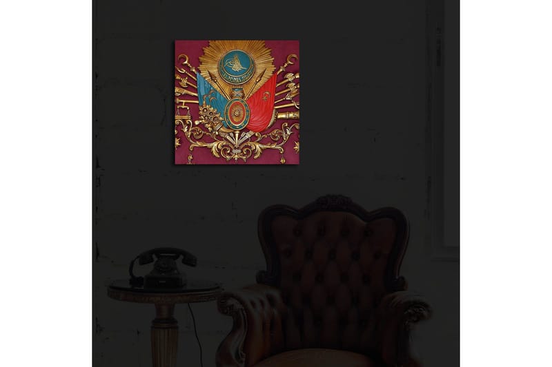 Lerretsbilde med LED-belysning 40x40 cm - Ornamentert skjold med symboler og våpen i historisk stil - Rød / Gull / Blå - Innredning - Bilder & kunst - Lerretsbilder