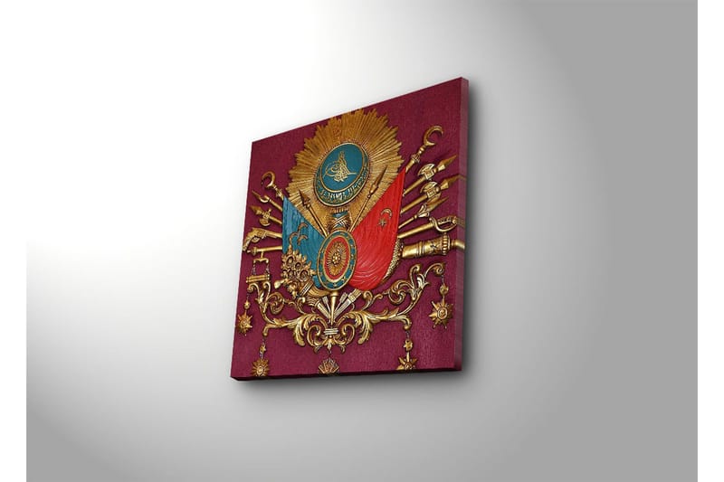 Lerretsbilde med LED-belysning 40x40 cm - Ornamentert skjold med symboler og våpen i historisk stil - Rød / Gull / Blå - Innredning - Bilder & kunst - Lerretsbilder