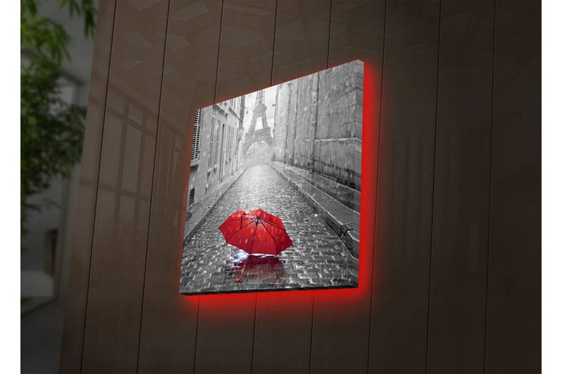 Lerretsbilde med LED-belysning 40x40 cm - Rød paraply på en regnfull gate i Paris - Rød / Svart / Grå - Innredning - Bilder & kunst - Lerretsbilder