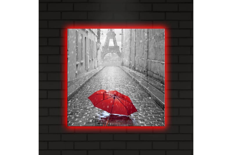 Lerretsbilde med LED-belysning 40x40 cm - Rød paraply på en regnfull gate i Paris - Rød / Svart / Grå - Innredning - Bilder & kunst - Lerretsbilder