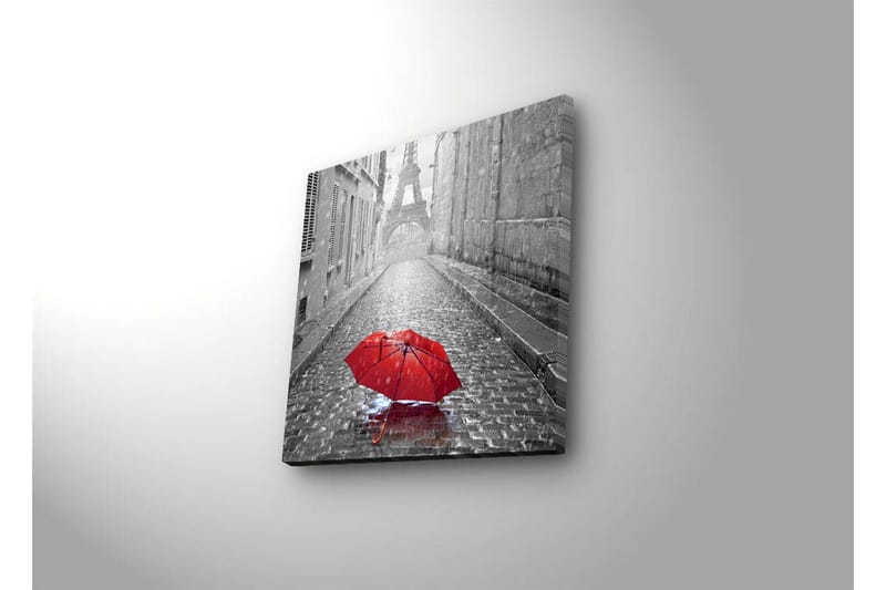 Lerretsbilde med LED-belysning 40x40 cm - Rød paraply på en regnfull gate i Paris - Rød / Svart / Grå - Innredning - Bilder & kunst - Lerretsbilder