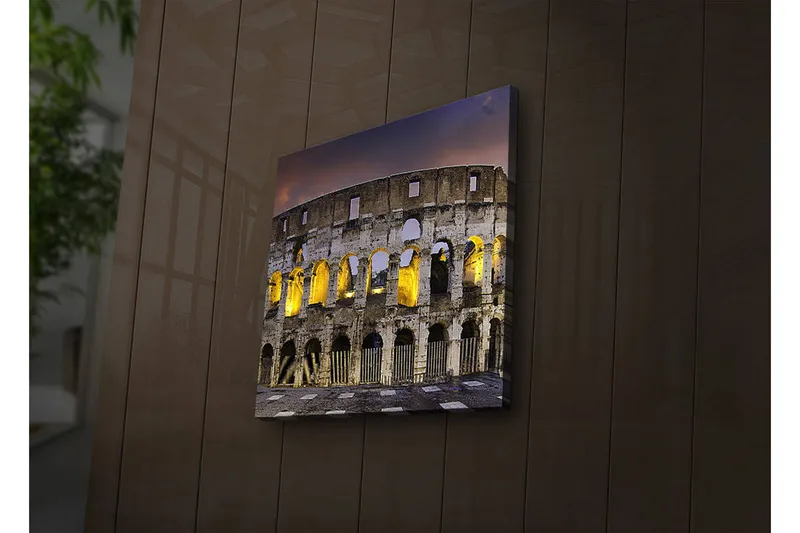 Lerretsbilde med LED-belysning 40x40 cm - Romersk amfiteater i kveldsbelysning - Grå / Gul / Blå - Innredning - Bilder & kunst - Lerretsbilder