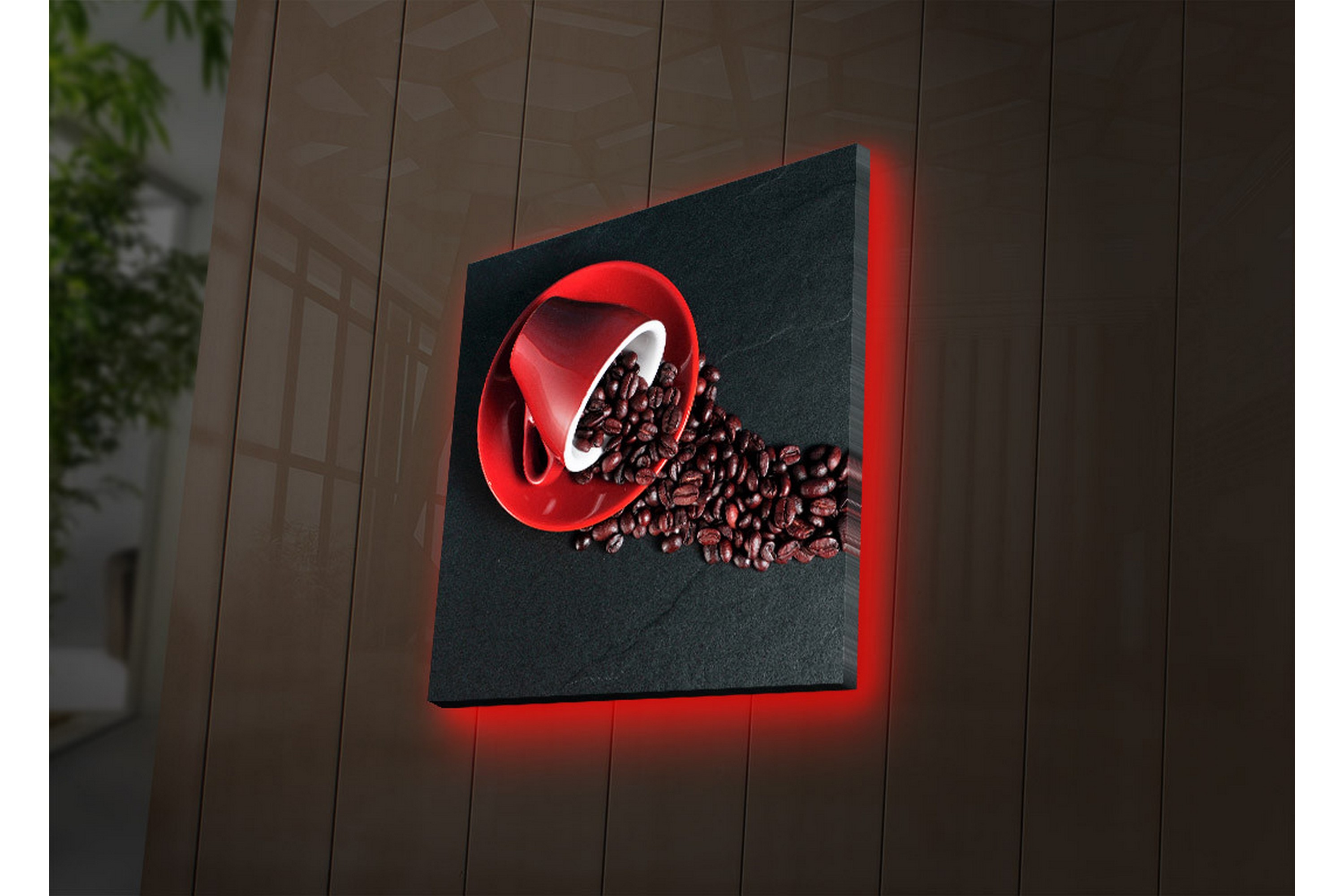 Lerretsbilde med LED-belysning 40x40 cm - Rød kaffekopp med kaffebønner som sprer seg over en mørk overflate - Rød / Svart / Brun