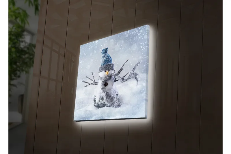 Lerretsbilde med LED-belysning 40x40 cm - Snømann i vinterlandskap med snøfall - Hvit / Blå / Grå - Innredning - Bilder & kunst - Lerretsbilder