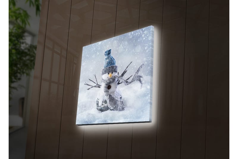 Lerretsbilde med LED-belysning 40x40 cm - Snømann i vinterlandskap med snøfall - Hvit / Blå / Grå - Innredning - Bilder & kunst - Lerretsbilder