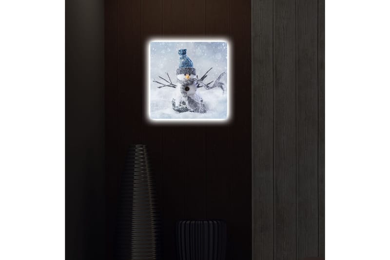 Lerretsbilde med LED-belysning 40x40 cm - Snømann i vinterlandskap med snøfall - Hvit / Blå / Grå - Innredning - Bilder & kunst - Lerretsbilder