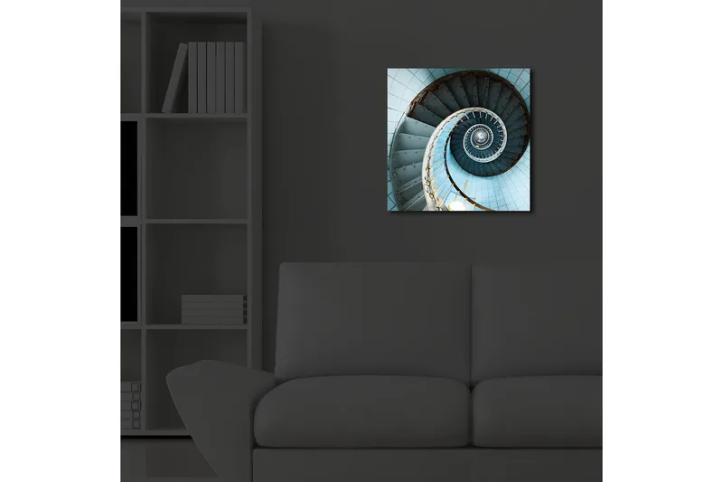 Lerretsbilde med LED-belysning 40x40 cm - Spiraltrapp med en lyseblå tone - Lys blå / Hvit / Grå - Innredning - Bilder & kunst - Lerretsbilder