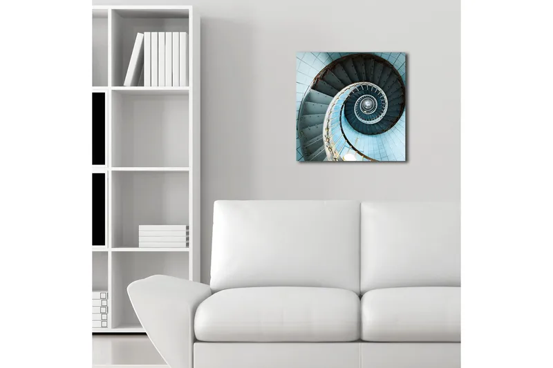 Lerretsbilde med LED-belysning 40x40 cm - Spiraltrapp med en lyseblå tone - Lys blå / Hvit / Grå - Innredning - Bilder & kunst - Lerretsbilder