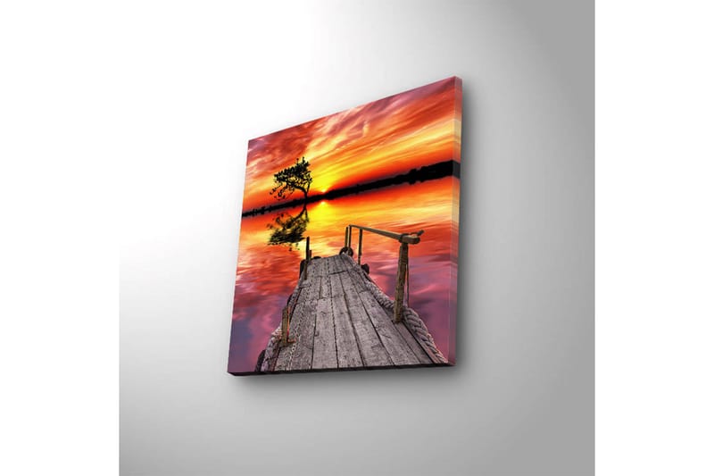 Lerretsbilde med LED-belysning 40x40 cm - Vakker solnedgang over en speilblank innsjø med en trebrygge og en ensom tretopp - Oransje / Rosa / Grønn - Innredning - Bilder & kunst - Lerretsbilder
