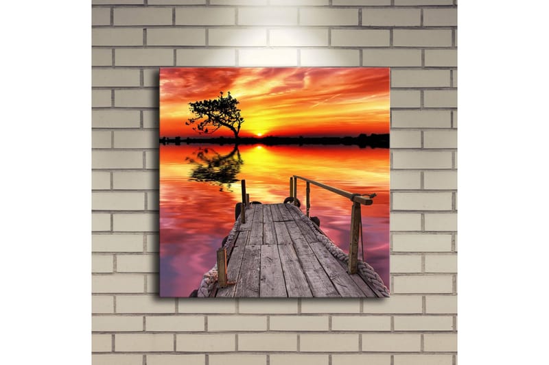 Lerretsbilde med LED-belysning 40x40 cm - Vakker solnedgang over en speilblank innsjø med en trebrygge og en ensom tretopp - Oransje / Rosa / Grønn - Innredning - Bilder & kunst - Lerretsbilder
