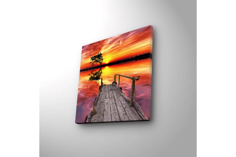 Lerretsbilde med LED-belysning 40x40 cm - Vakker solnedgang over en speilblank innsjø med en trebrygge og en ensom tretopp - Oransje / Rosa / Grønn - Innredning - Bilder & kunst - Lerretsbilder