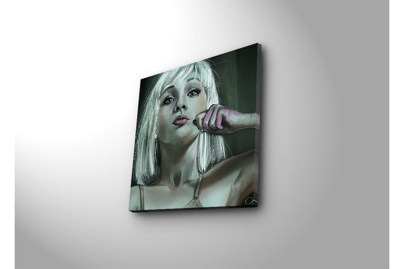 Lerretsbilde med LED-belysning 40x40 cm - Portrett av en kvinne med blondt hår og en selvsikker positur - Lys grå / Rosa / Mørk grønn - Innredning - Bilder & kunst - Lerretsbilder