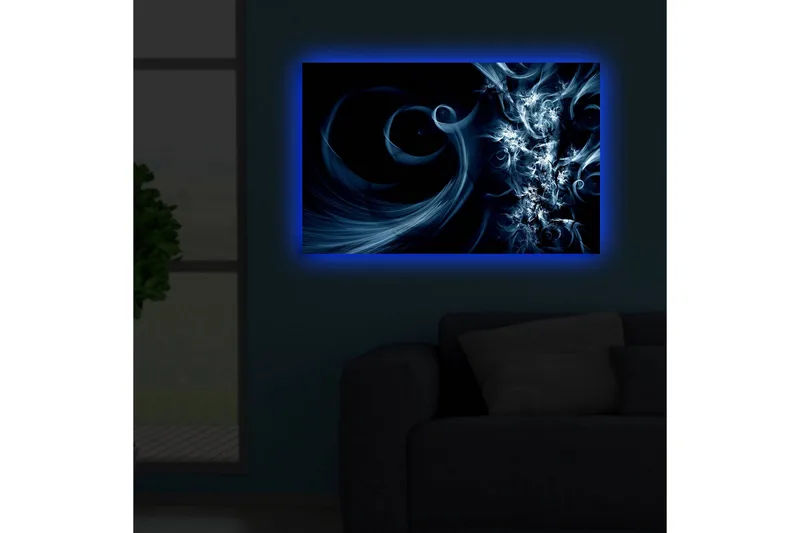 Lerretsbilde med LED-belysning 45x70 cm - Abstrakt komposisjon med svarte og blå virvler - Mørk blå / Lys blå / Svart - Innredning - Bilder & kunst - Lerretsbilder