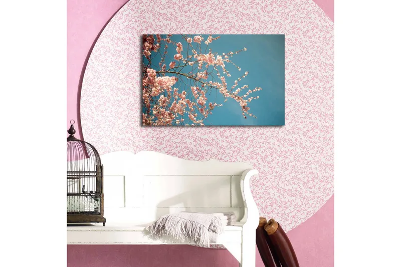 Lerretsbilde med LED-belysning 45x70 cm - Blomstrende kirsebærgrener mot en klar blå himmel - Rosa / Blå - Innredning - Bilder & kunst - Lerretsbilder