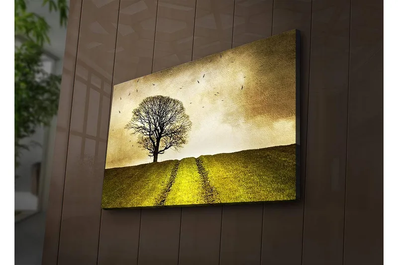 Lerretsbilde med LED-belysning 45x70 cm - Ensom tretopp på en grønn ås under en gyllen himmel - Gull / Grønn / Brun - Innredning - Bilder & kunst - Lerretsbilder