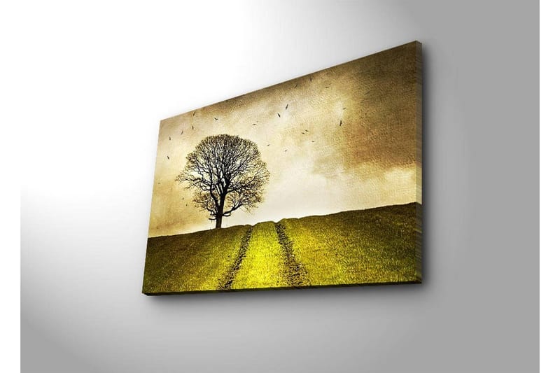 Lerretsbilde med LED-belysning 45x70 cm - Ensom tretopp på en grønn ås under en gyllen himmel - Gull / Grønn / Brun - Innredning - Bilder & kunst - Lerretsbilder