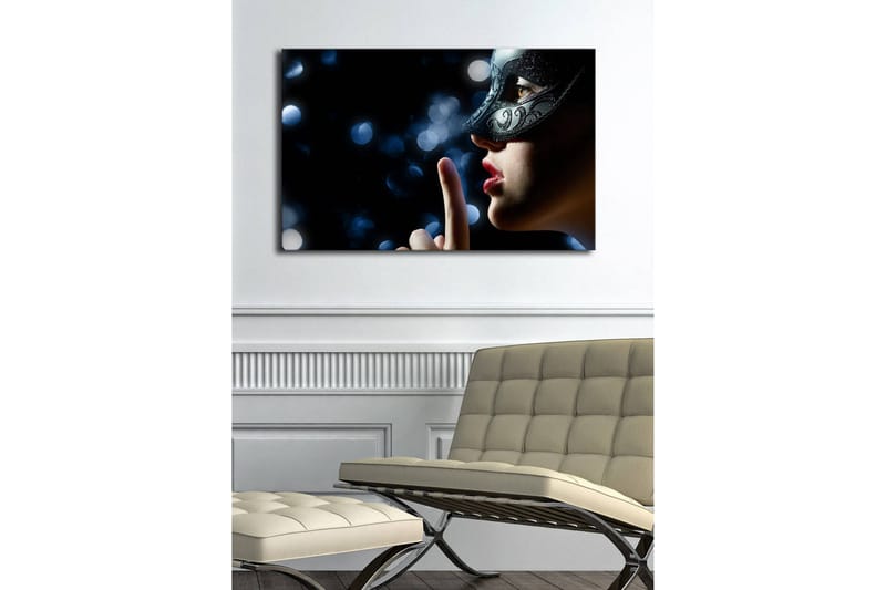 Lerretsbilde med LED-belysning 45x70 cm - Mystisk kvinne med maske som lager en stillhetsgest - Svart / Hudtone / Rød - Innredning - Bilder & kunst - Lerretsbilder