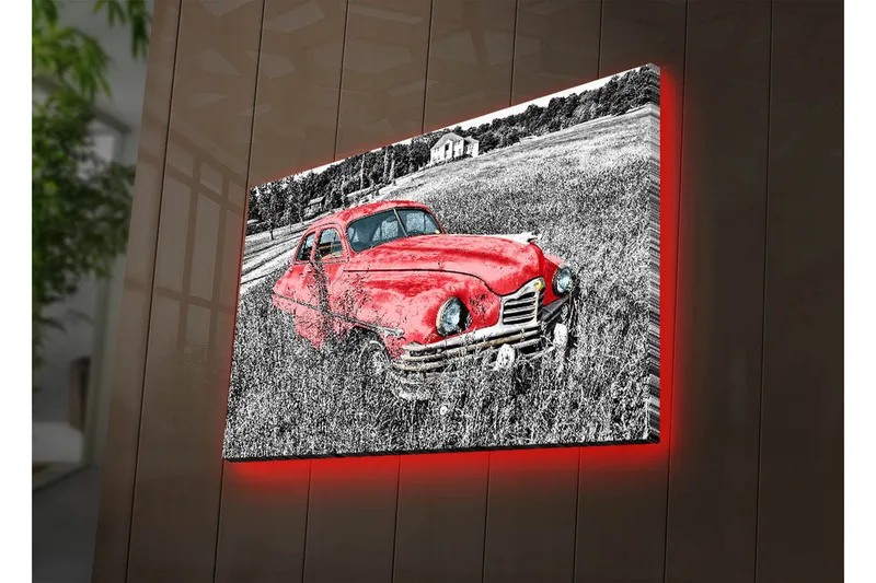 Lerretsbilde med LED-belysning 45x70 cm - Rød veteranbil i en frodig eng - Rød / Svart / Grå - Innredning - Bilder & kunst - Lerretsbilder