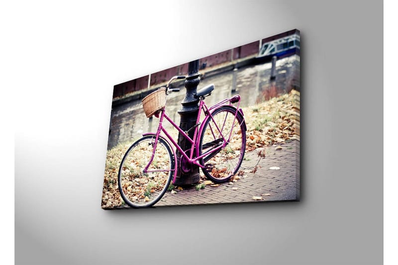 Lerretsbilde med LED-belysning 45x70 cm - Rosa sykkel med kurv ved en gatelykt - Rosa / Brun / Grå - Innredning - Bilder & kunst - Lerretsbilder