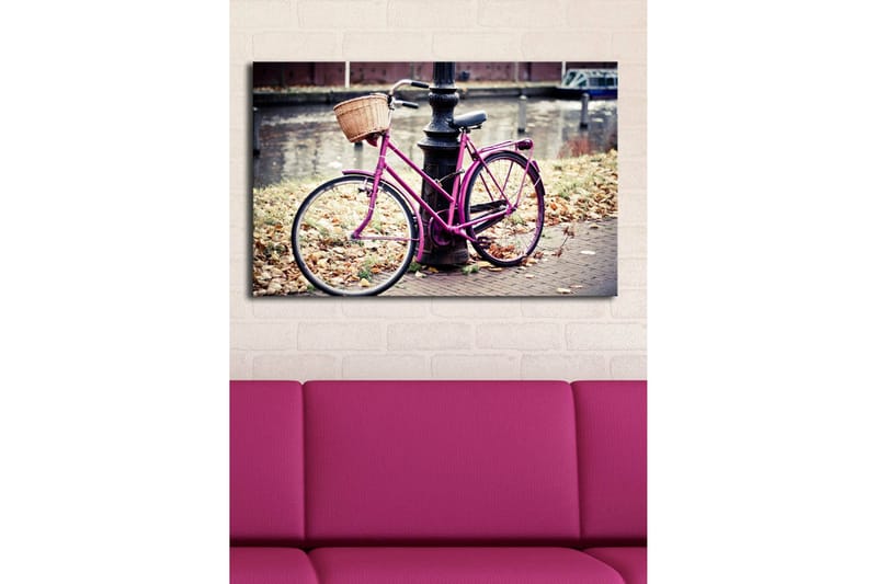 Lerretsbilde med LED-belysning 45x70 cm - Rosa sykkel med kurv ved en gatelykt - Rosa / Brun / Grå - Innredning - Bilder & kunst - Lerretsbilder