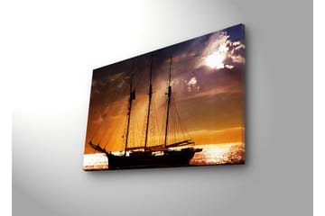 Lerretsbilde med LED-belysning 45x70 cm - Seilbåt mot en solnedgang over havet - Oransje / Svart / Gull - Innredning - Bilder & kunst - Lerretsbilder