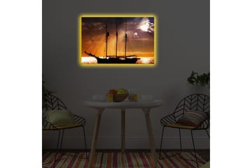 Lerretsbilde med LED-belysning 45x70 cm - Seilbåt mot en solnedgang over havet - Oransje / Svart / Gull - Innredning - Bilder & kunst - Lerretsbilder